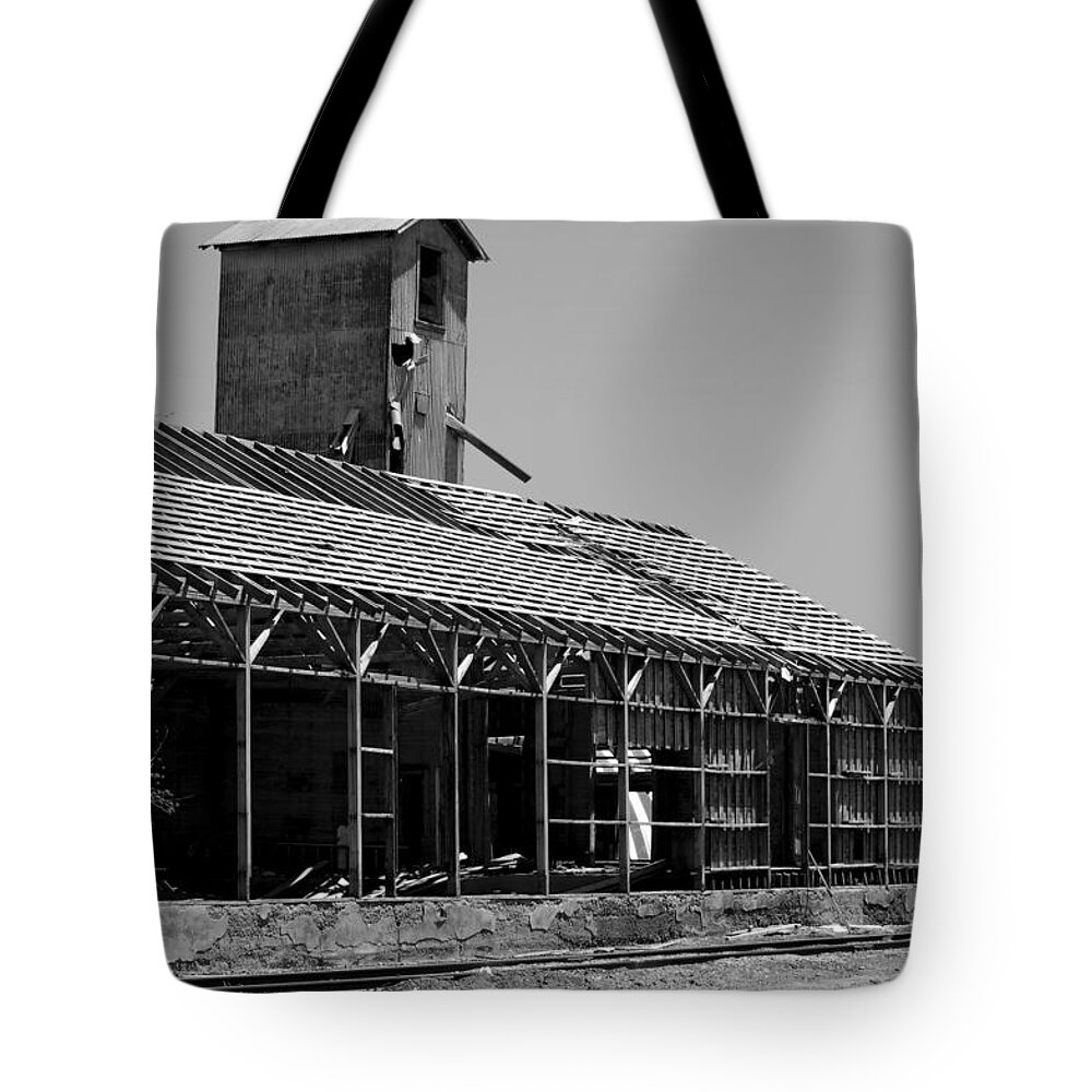 Silo Train Stop Run Down Station Wood Trains Track Tracks Shed Downey Idaho Id Depot Tote Bag featuring the photograph Train Stop by Holly Blunkall