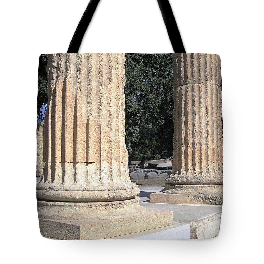 Olympia Tote Bag featuring the photograph Twin Columns Olympia Greece by John Shiron