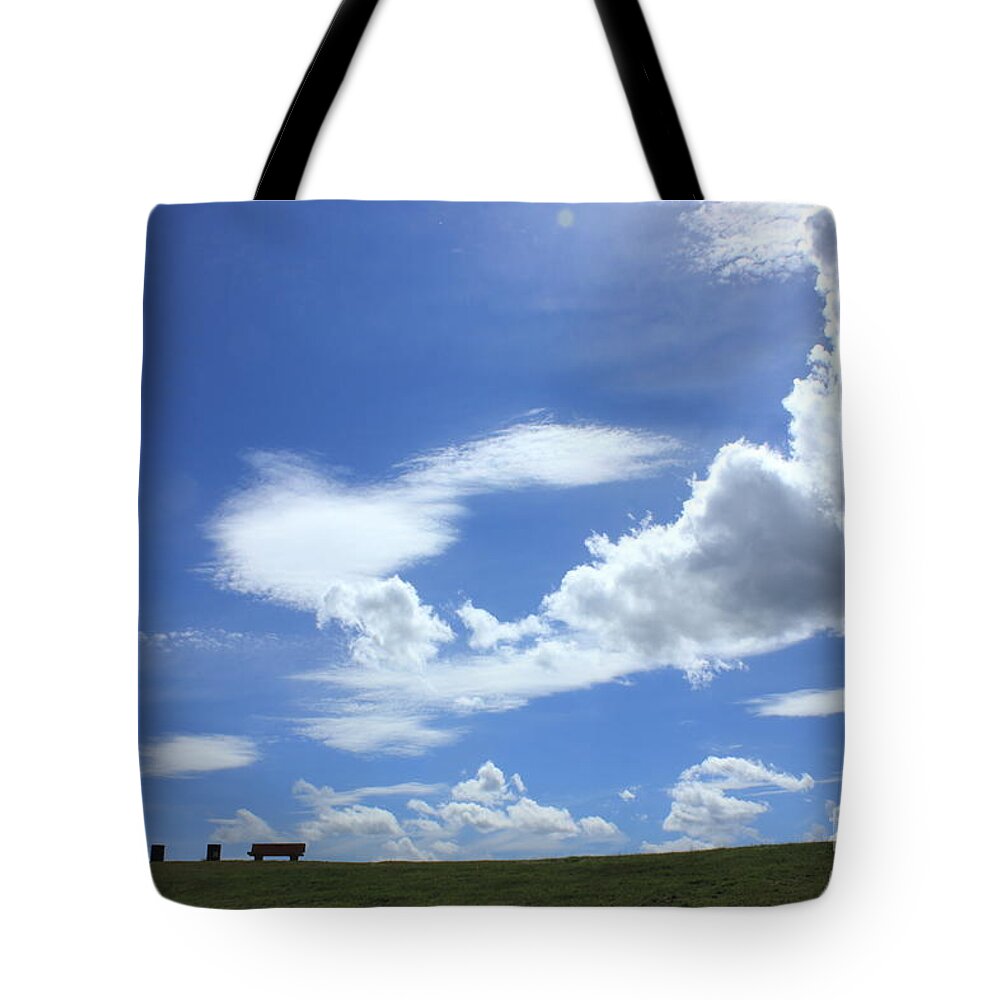 Sky Tote Bag featuring the photograph Two benches by Jim Sauchyn