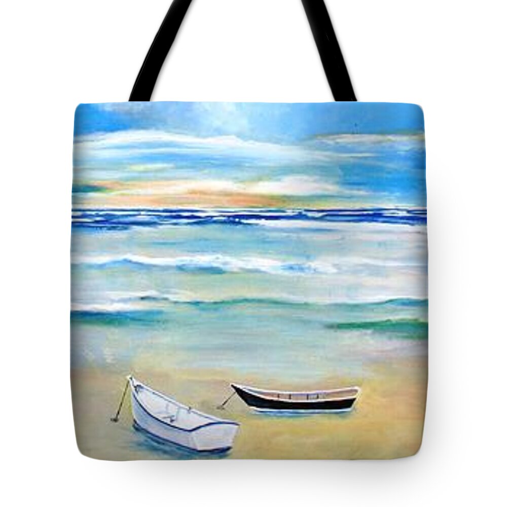 Sea Tote Bag featuring the painting Two Boats Ashore by Gary Smith