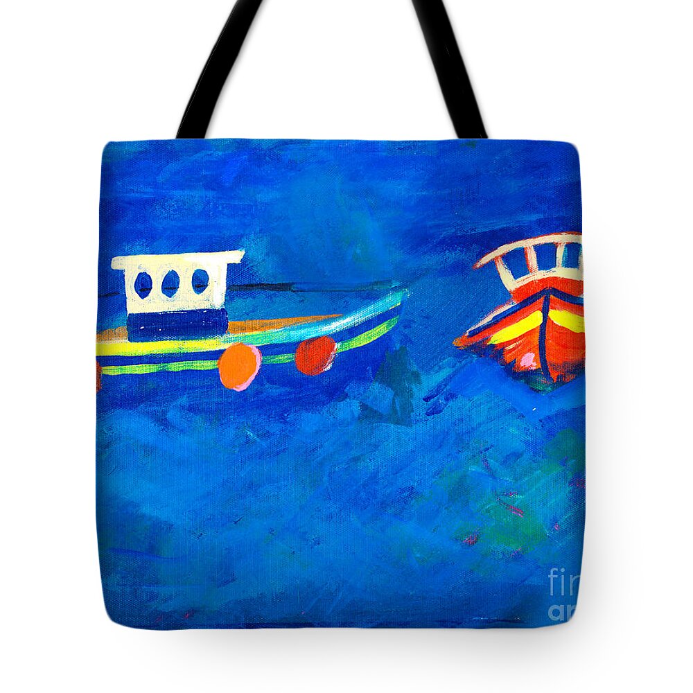 Painting Tote Bag featuring the painting Two fishing boats at sea by Simon Bratt