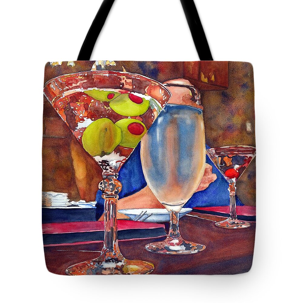 Watercolor Tote Bag featuring the painting Two Olives Walk into A Bar... by Gerald Carpenter
