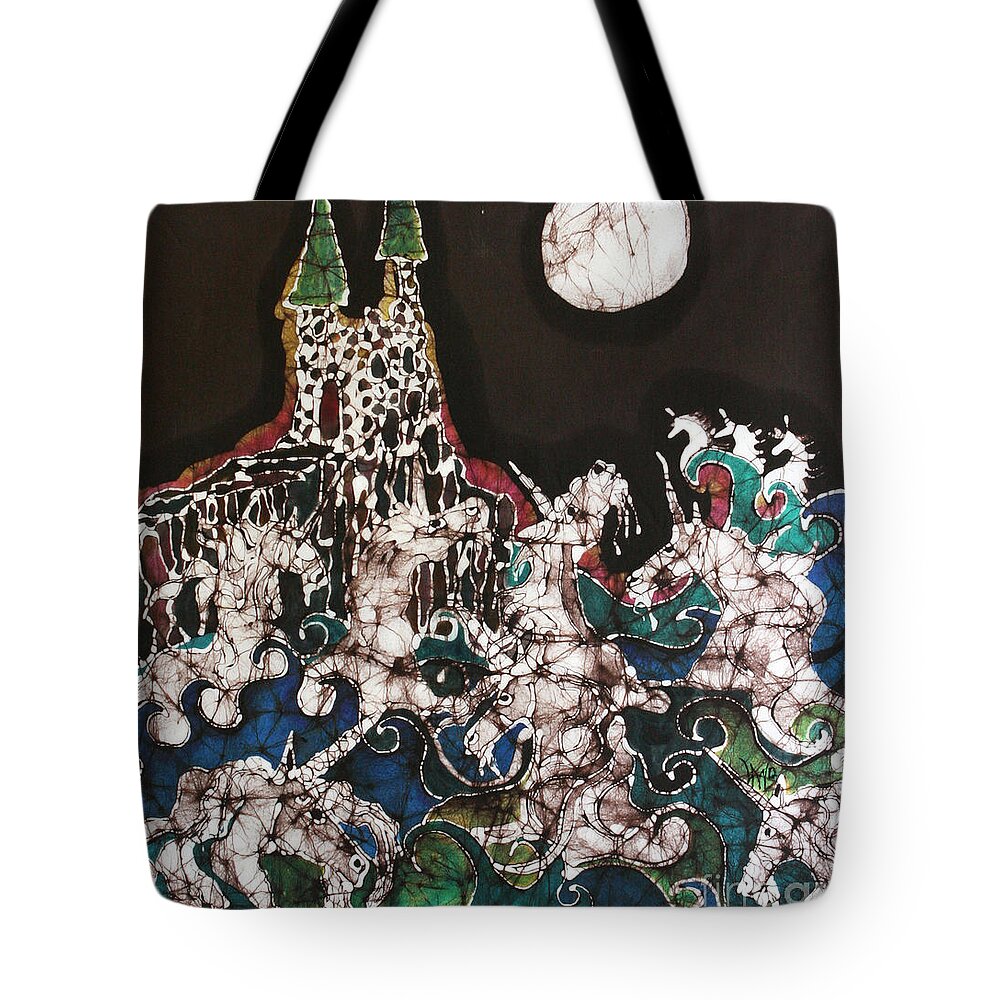 Unicorns Tote Bag featuring the tapestry - textile Unicorn in Sea Below Castle by Carol Law Conklin