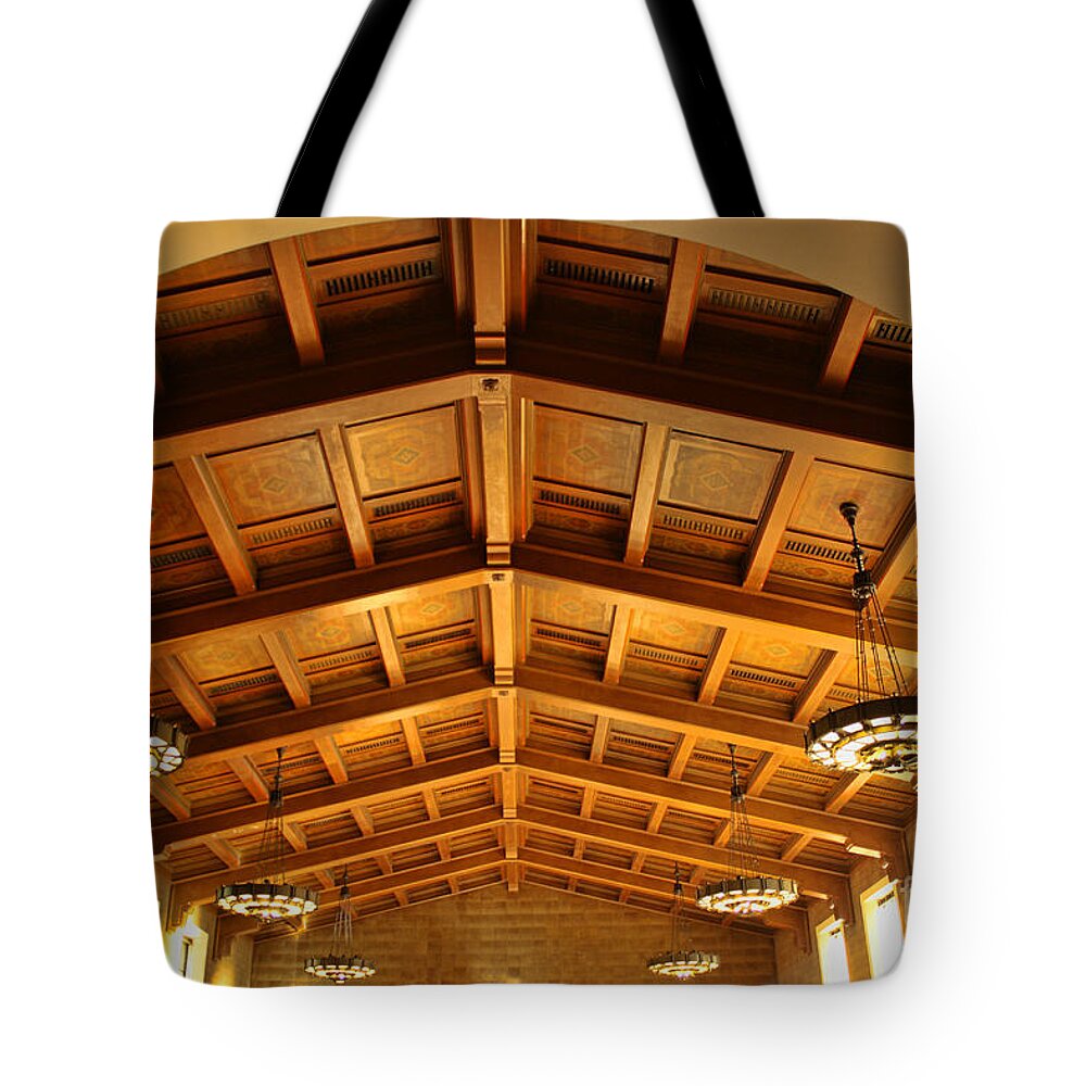 Union Station Tote Bag featuring the photograph Union Station LA Lobby Ceiling by Tommy Anderson