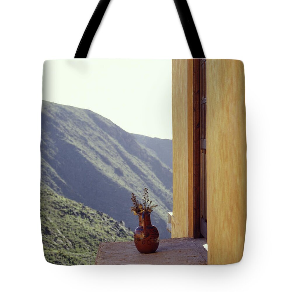 Mexico Tote Bag featuring the photograph VASE ON A LEDGE Real de Catorce Mexico by John Mitchell
