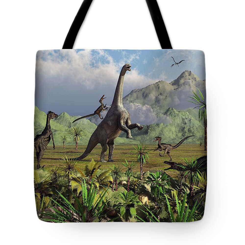 Carnivore Tote Bag featuring the digital art Velociraptor Dinosaurs Attack by Mark Stevenson