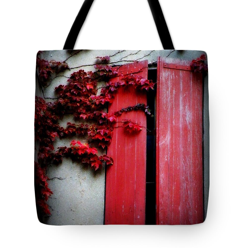 Red Tote Bag featuring the photograph Vines on Red Shutters by Lainie Wrightson
