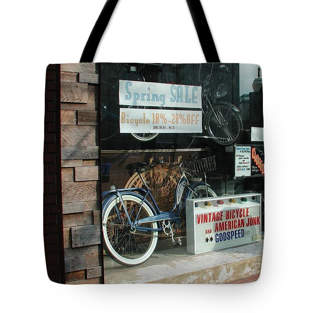 Vintage Bicycle And American Junk Godspeed Tote Bag featuring the photograph Vintage Bicycle and American Junk by Anna Ruzsan