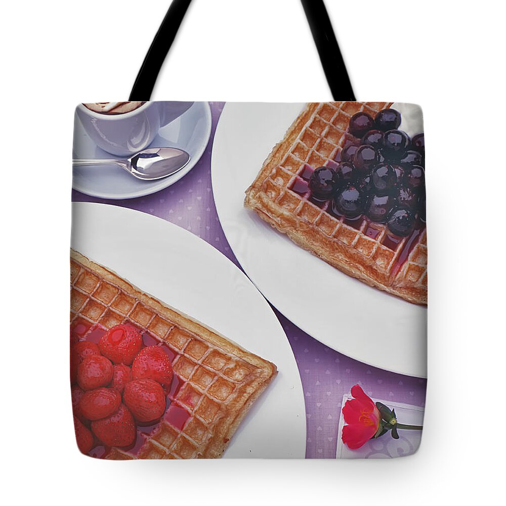 Waffles Tote Bag featuring the photograph Waffles and summer berries by Frank Lee