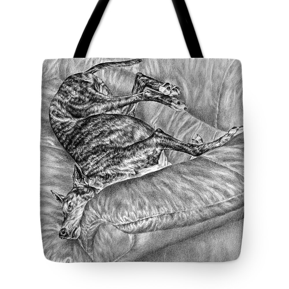 Greyhound Tote Bag featuring the drawing Wake Me for Dinner - Greyhound Dog Art Print by Kelli Swan