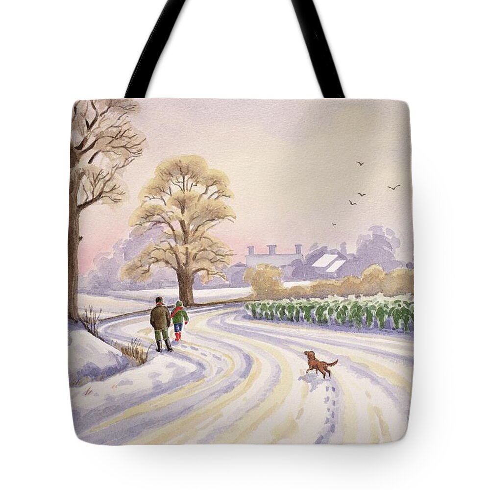 Landscape; Field; Tree; Trees; Bush; Bushes; Snow; Snow Covered; Winter; Winter Time; Road; Dog; People; Man; Child; Walking; Walk; Crop; Crops; Bird; Birds; Flying; House; Houses; Roof; Roofs; Foot Print; Foot Prints Tote Bag featuring the painting Walk in the Snow by Lavinia Hamer 