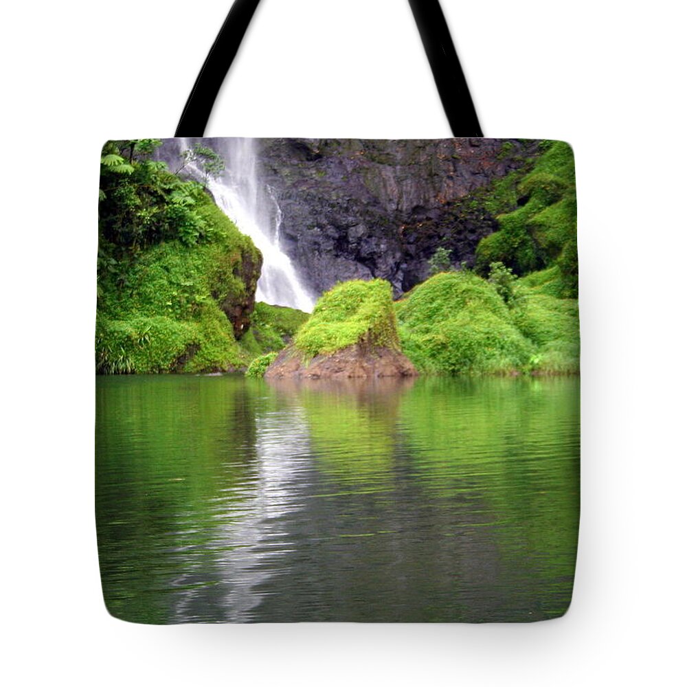 Waterfall Tote Bag featuring the photograph Waterfall Reflection in Tahiti by Laurel Talabere