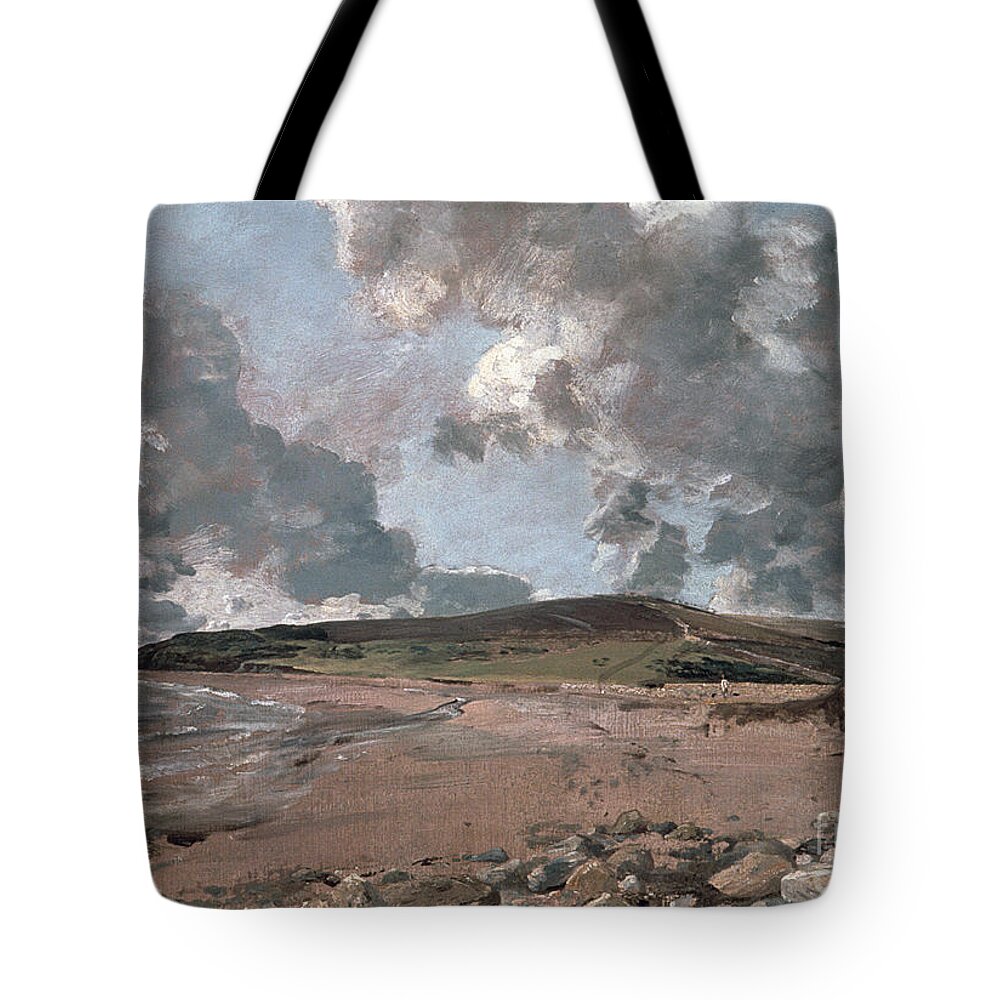 Furzy Cliff; Sand; Clouds; Cloud; Landscape; Rocky; Desolate; Barren; Romantic; Romanticism; Darkened; Storm; Stormy Tote Bag featuring the painting Weymouth Bay with Jordan Hill by John Constable by John Constable