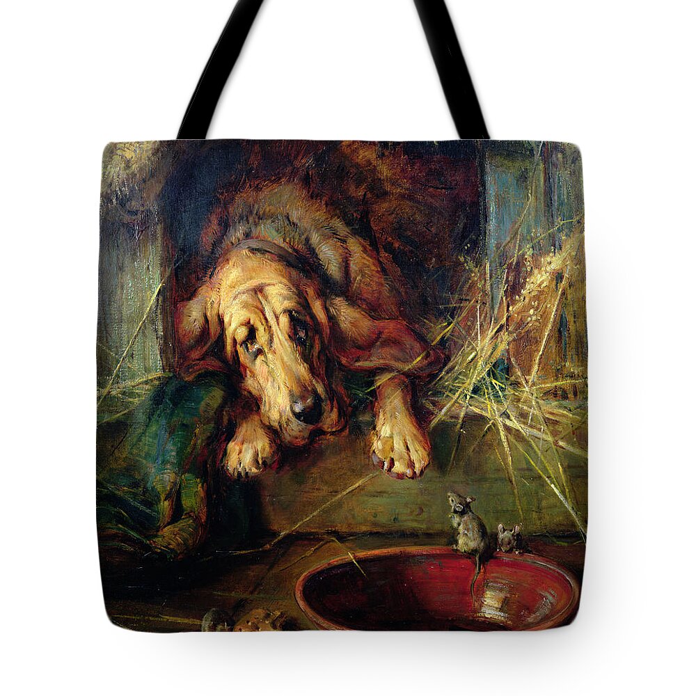 Bloodhound Tote Bag featuring the painting When the Cat's Away the Mice Will Play by Philip Eustace Stretton