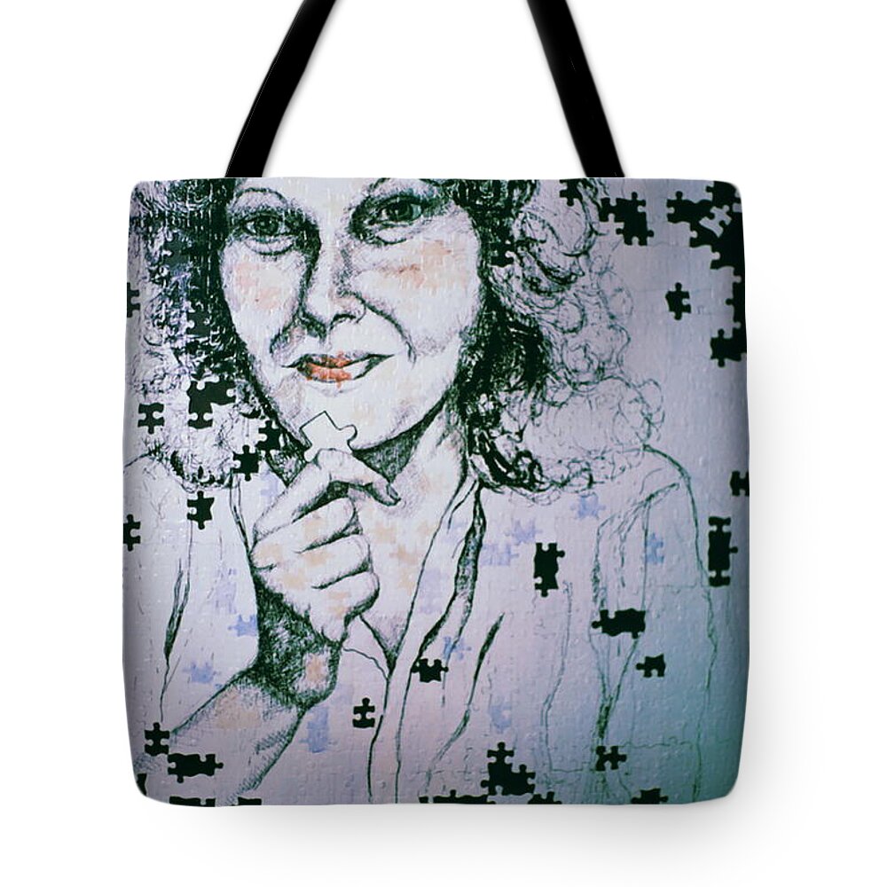 Self-portrait Tote Bag featuring the mixed media Where Does The Next Piece Go? by Rory Siegel