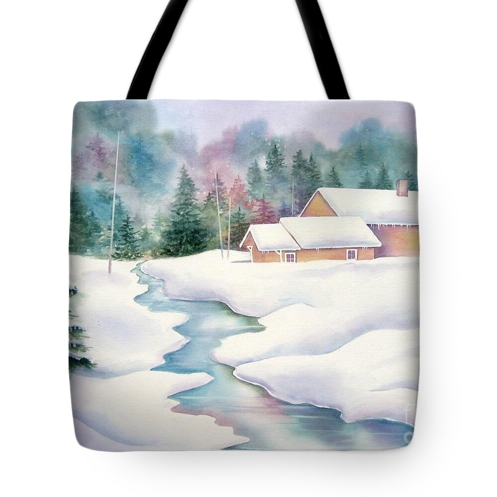 Winter Tote Bag featuring the painting Whispering Pines by Deborah Ronglien