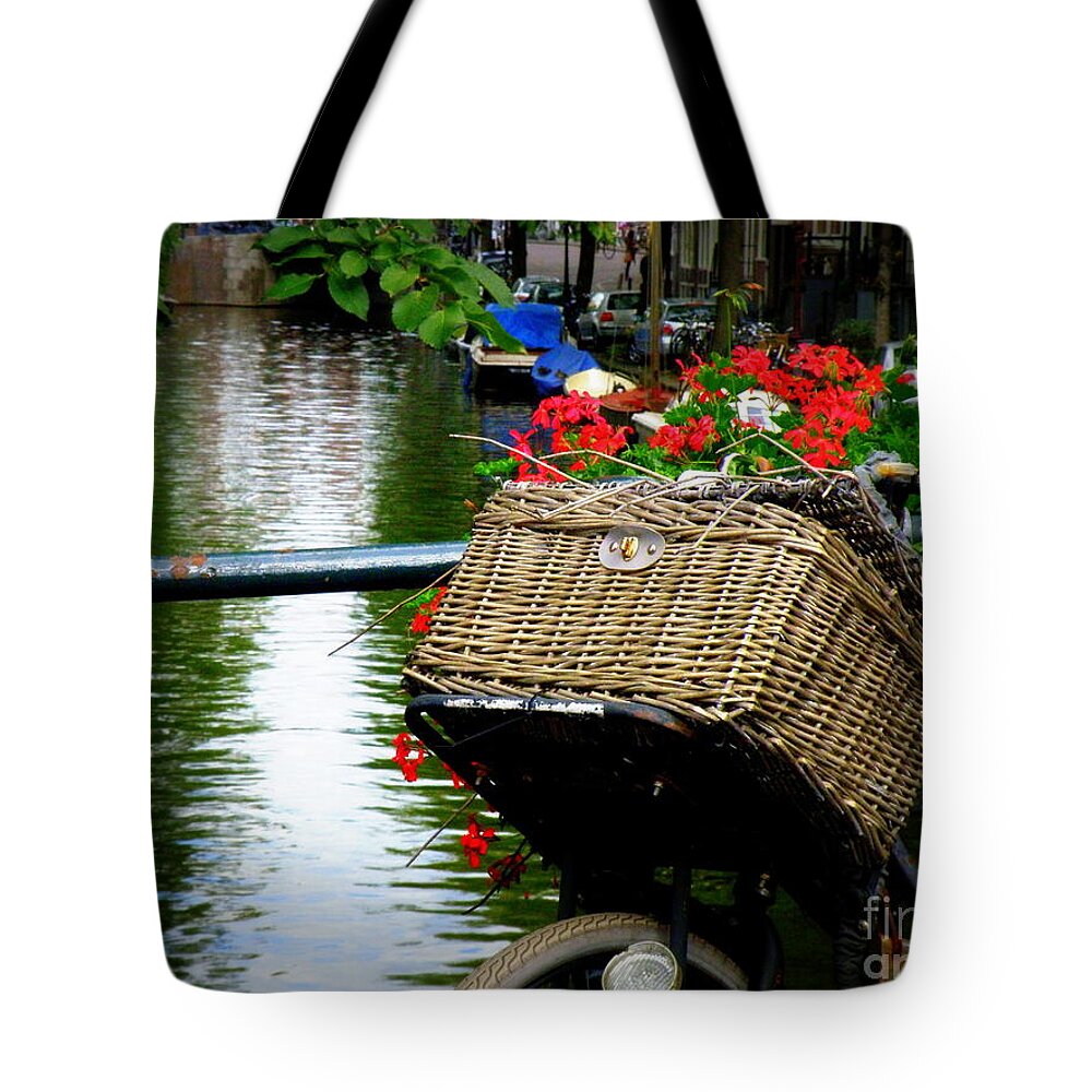 Bicycle Tote Bag featuring the photograph Wicker Bike Basket with Flowers by Lainie Wrightson