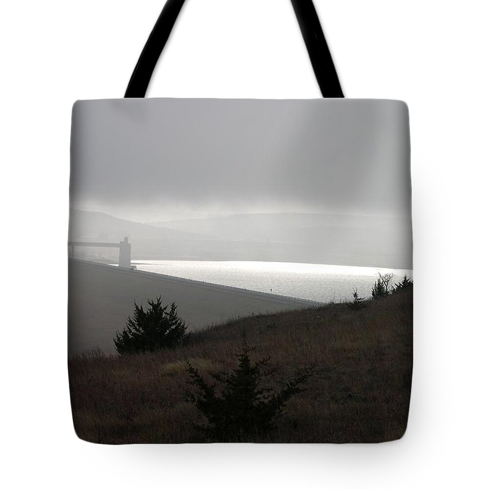 Kansas Tote Bag featuring the photograph Wilson Lake in November fog by Keith Stokes