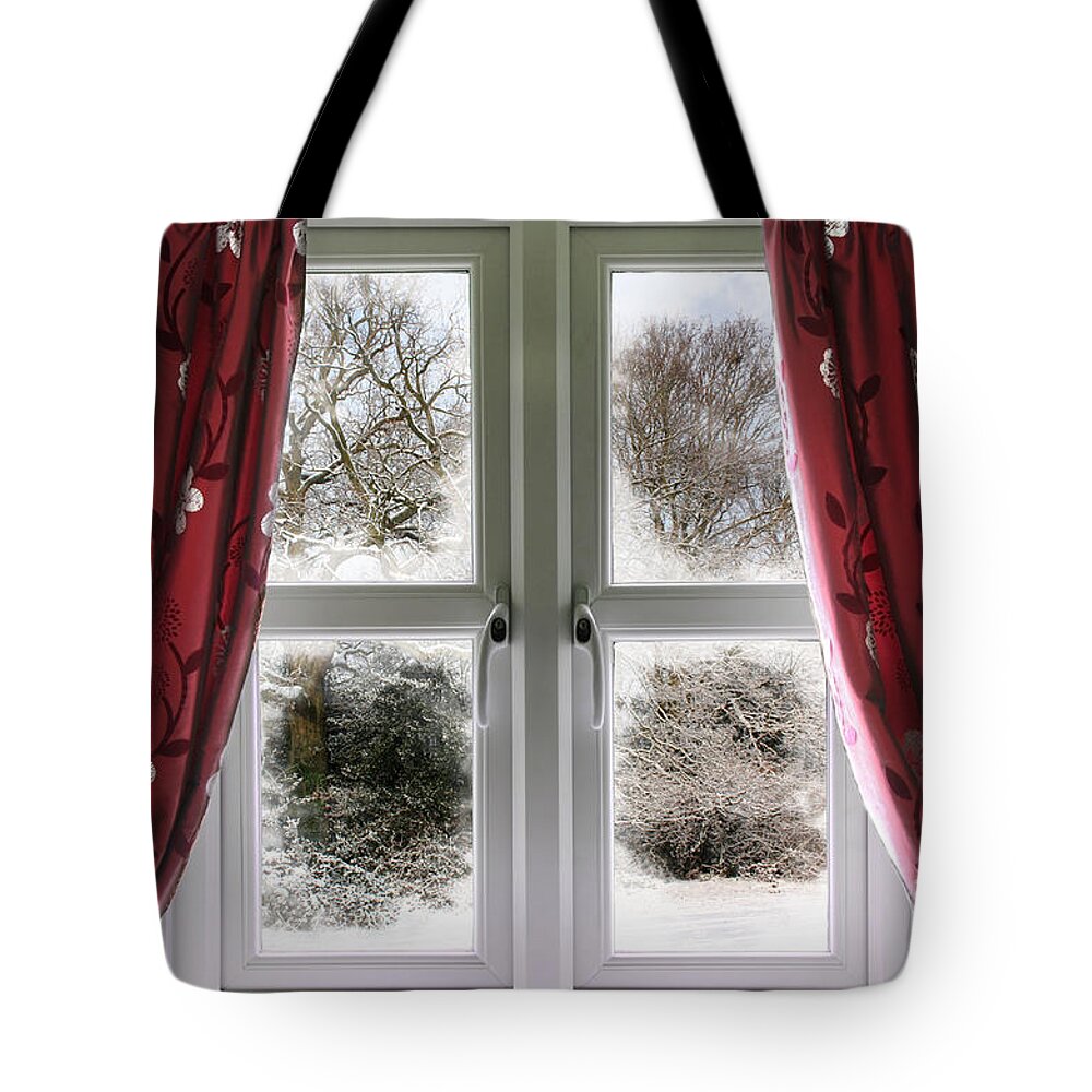 Window Tote Bag featuring the photograph Window view to a snow scene by Simon Bratt