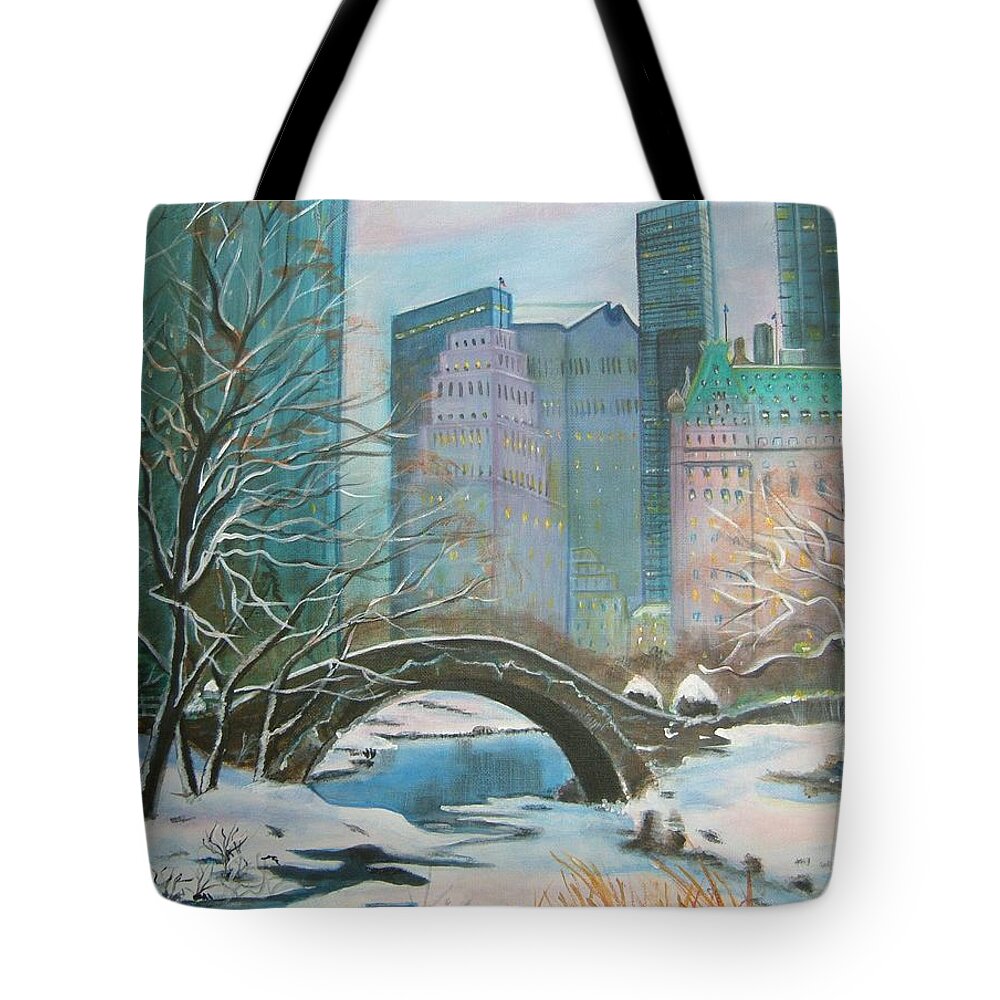 Winter Tote Bag featuring the painting Winter in New York by Manjiri Kanvinde