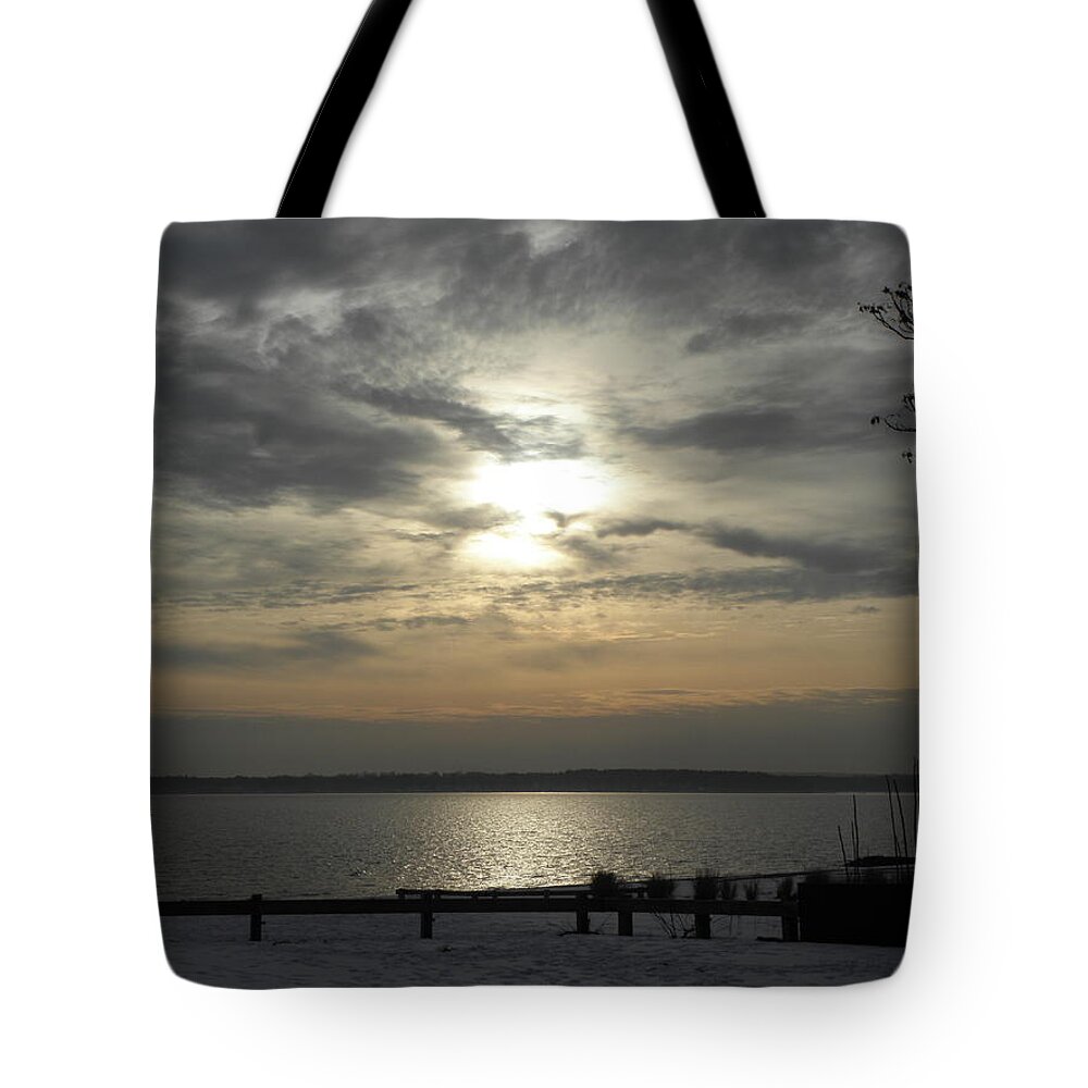 Winter Tote Bag featuring the photograph winter sunset in Rhode Island by Kim Galluzzo