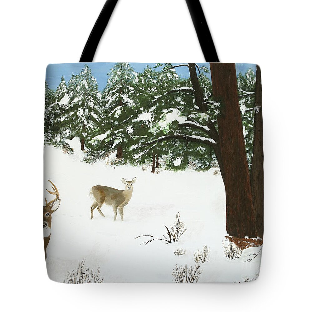 Winterscape Tote Bag featuring the painting Wintering Whitetails by L J Oakes
