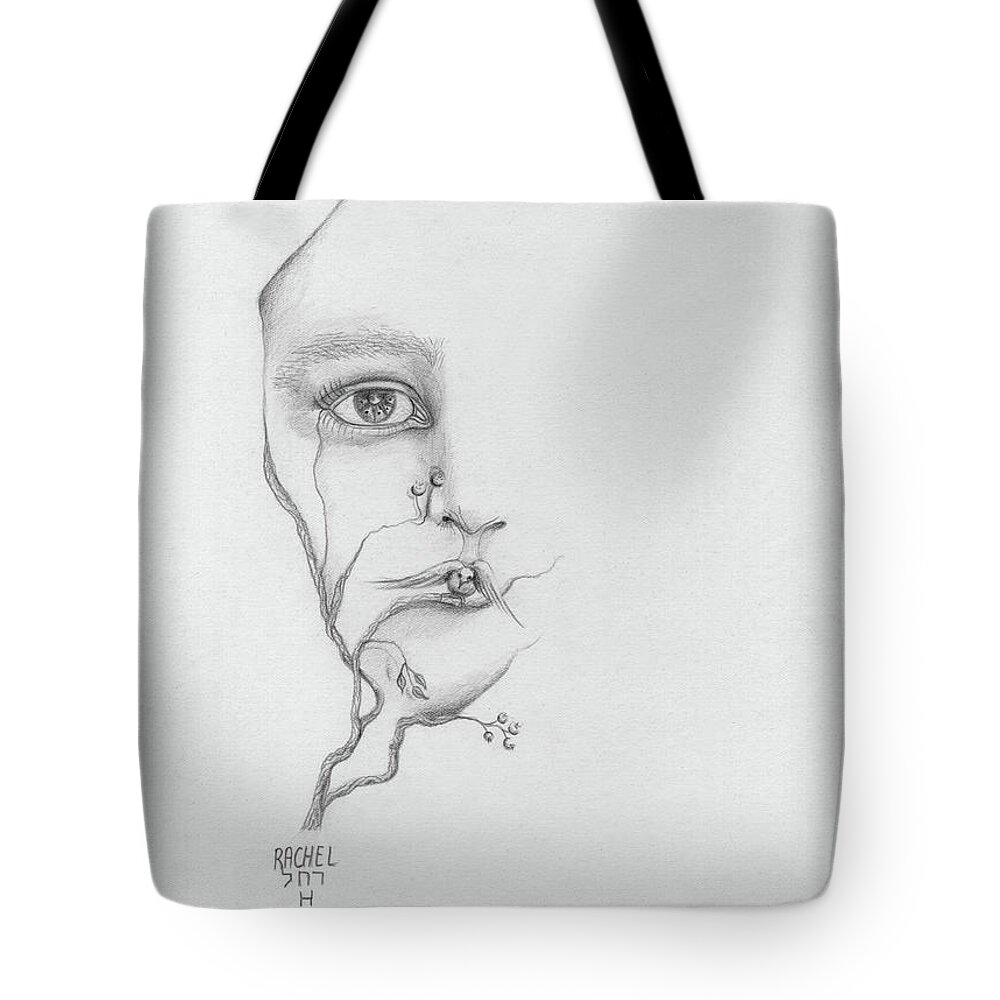 Woman Tote Bag featuring the painting Woman face growing out of a tree branch black and white surrealistic fantasy by Rachel Hershkovitz