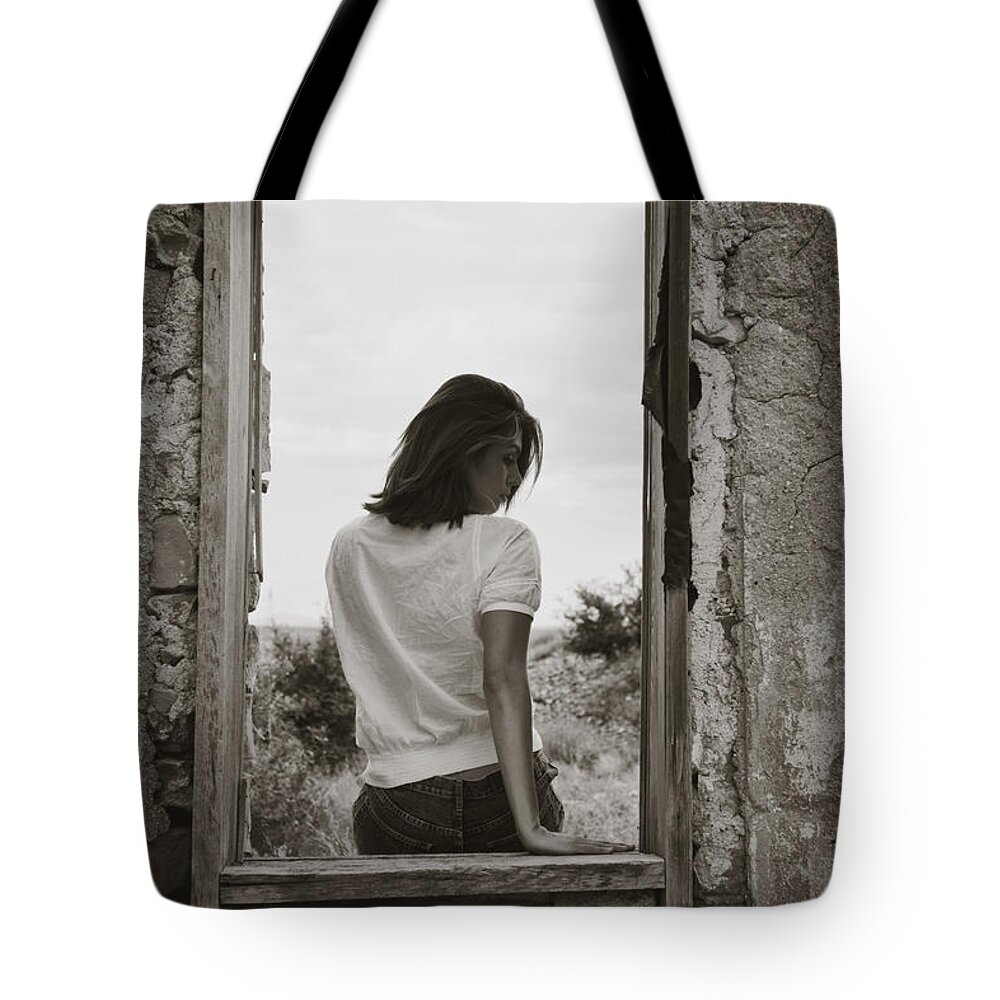 Woman Tote Bag featuring the photograph Woman In Window by Scott Sawyer