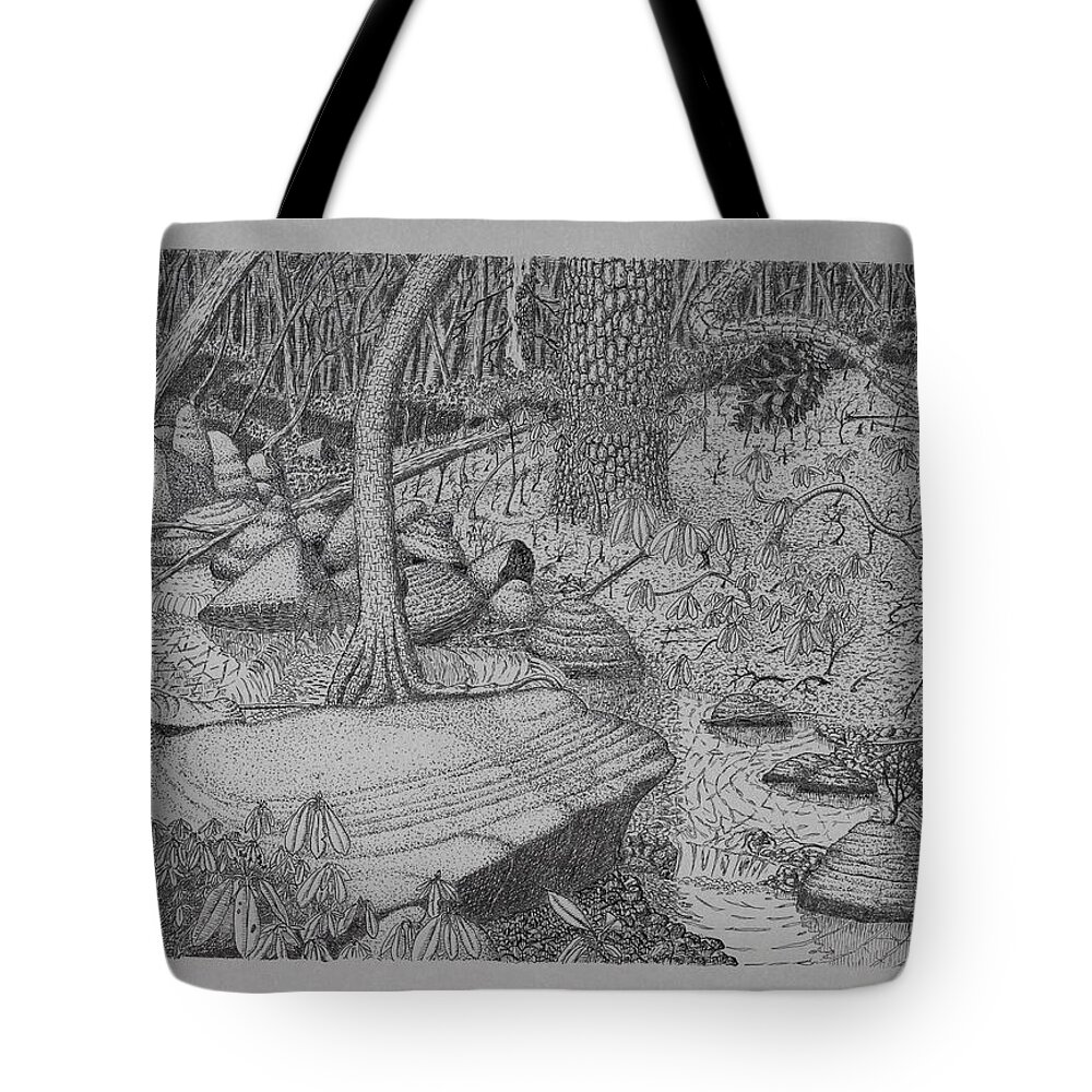 Nature Tote Bag featuring the drawing Woodland Stream by Daniel Reed