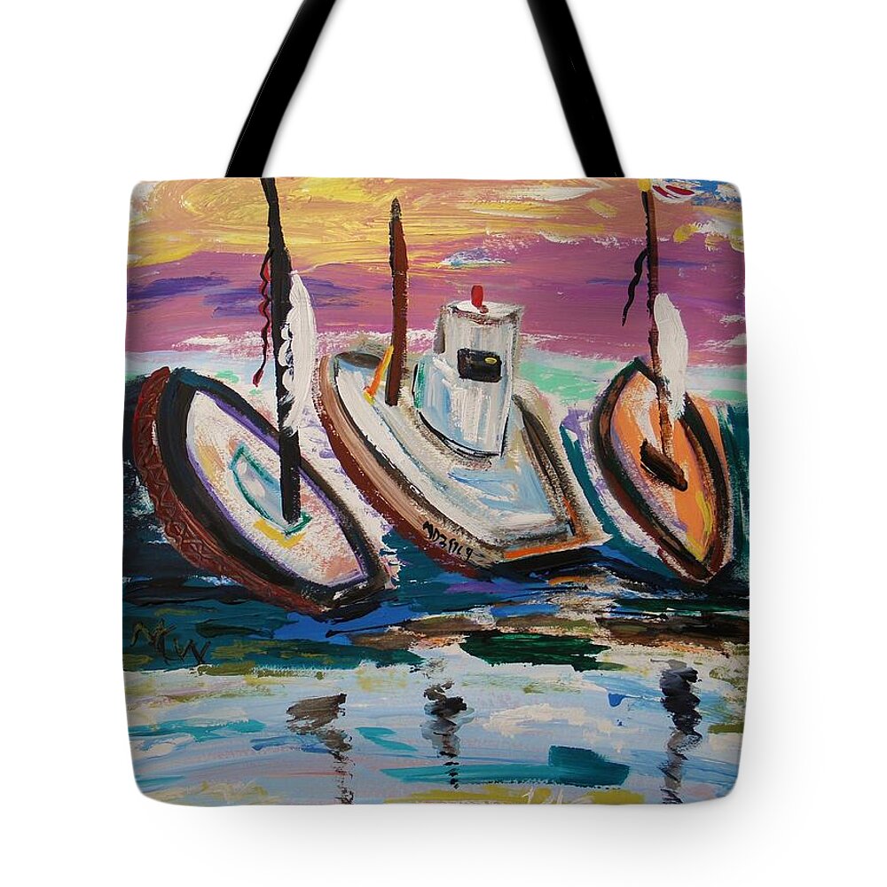 Boats Tote Bag featuring the painting Work and Play by Mary Carol Williams