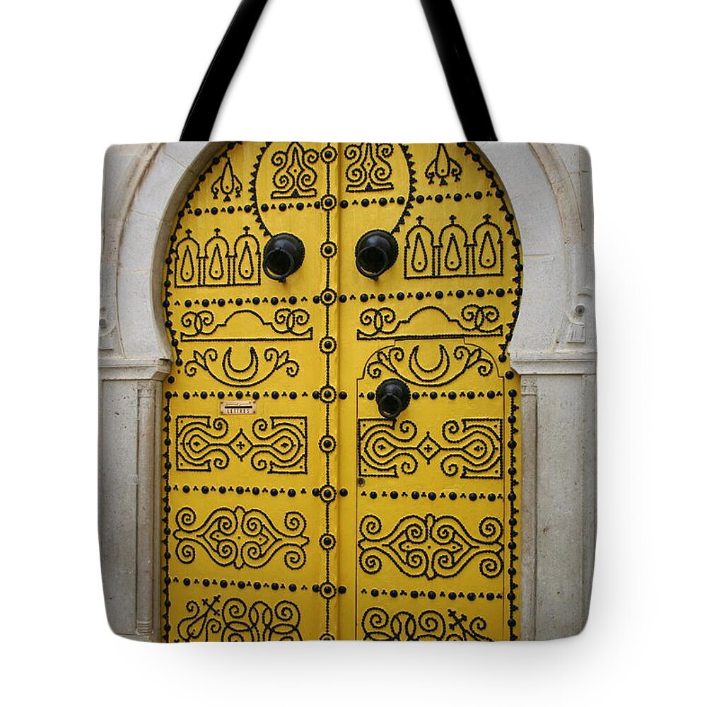 Yellow Tote Bag featuring the photograph Yellow Door in Bardo by Laurel Talabere