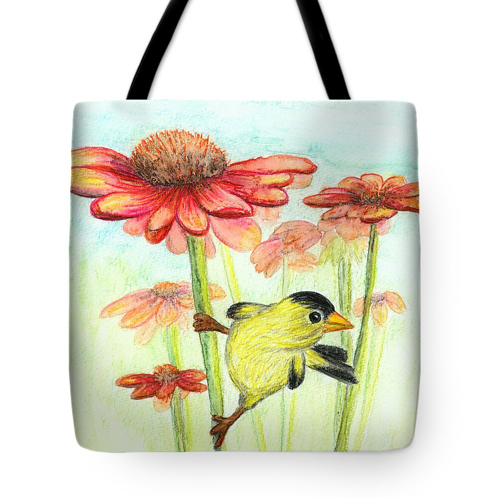 Bird Tote Bag featuring the drawing Yellow finch by Tatiana Fess