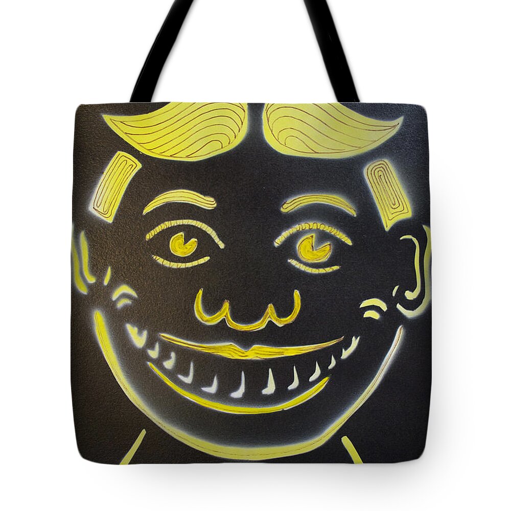 Tillie Of Asbury Park Tote Bag featuring the painting Yellow on Black Tillie by Patricia Arroyo