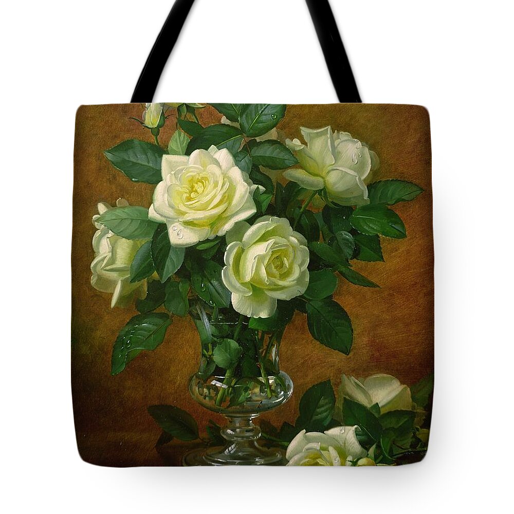 Rose; Still Life; Flower; Arrangement; Glass; Vase; Pale; Floral; Sentimental; Symbolic; Roses; Flowers; Yellow Roses; Leafs; Yellow Roses On Floor Tote Bag featuring the painting Yellow Roses by Albert Williams