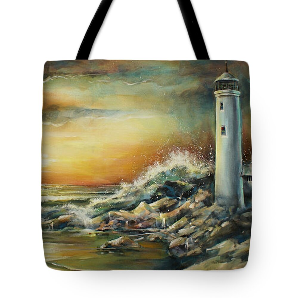 Lighthouse Tote Bag featuring the painting ' The Point' by Michael Lang