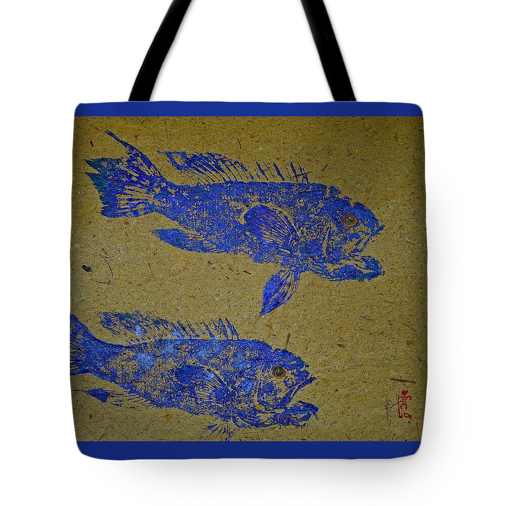 Gyotaku Tote Bag featuring the mixed media Black Sea Bass - Rockfish by Jeffrey Canha