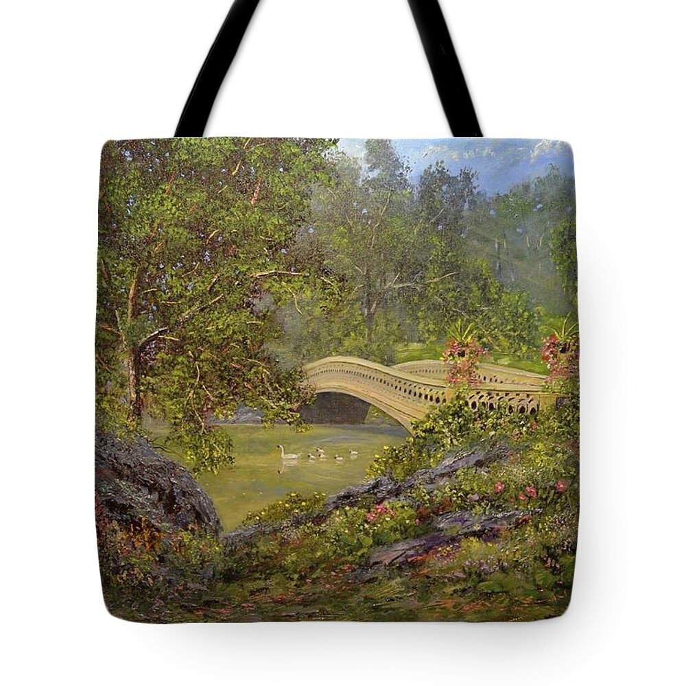 New York City Tote Bag featuring the painting Bow Bridge Central Park by Michael Mrozik