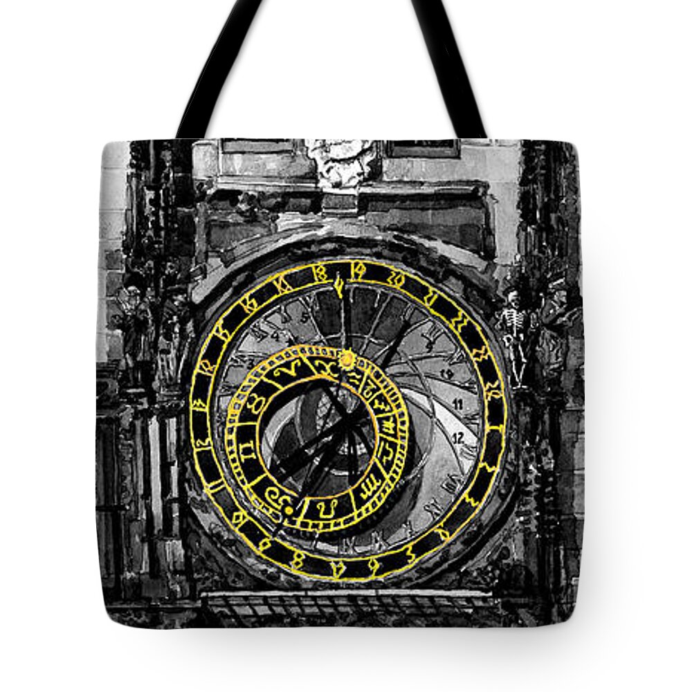 Geelee.watercolour Paper Tote Bag featuring the painting BW Prague The Horologue at OldTownHall by Yuriy Shevchuk