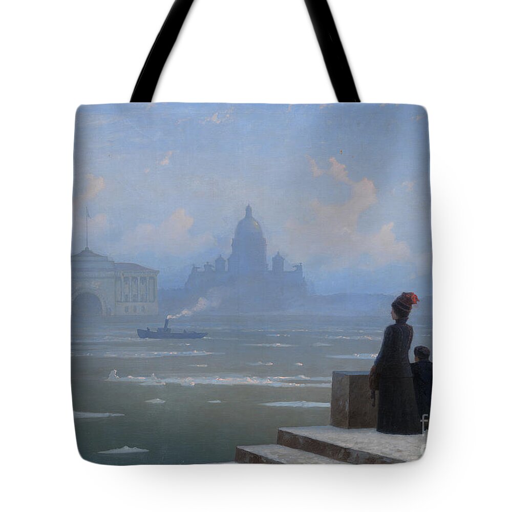 Grigory Kalmykov Tote Bag featuring the painting Floating of Ice on the Neva River by Grigory Kalmykov