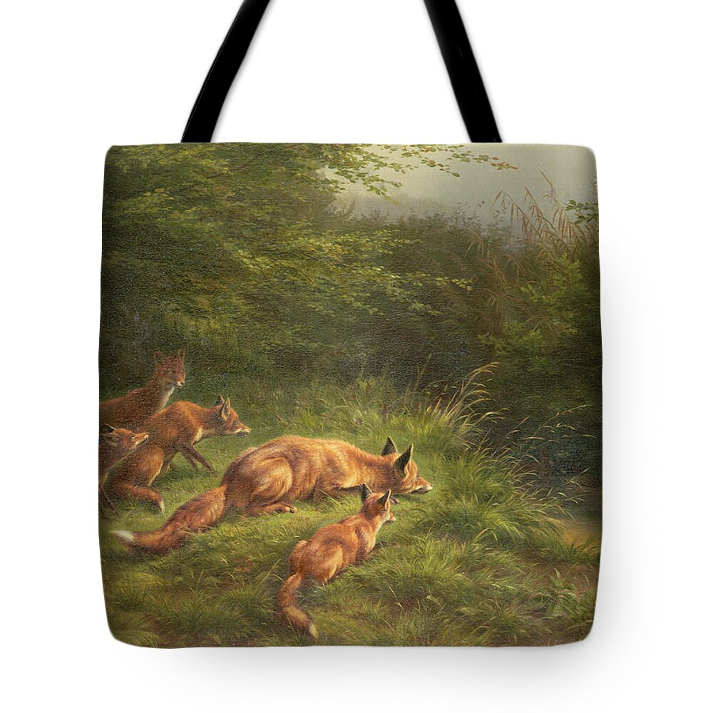 Foxes Tote Bag featuring the painting Foxes waiting for the prey by Carl Friedrich Deiker by Carl Friedrich Deiker