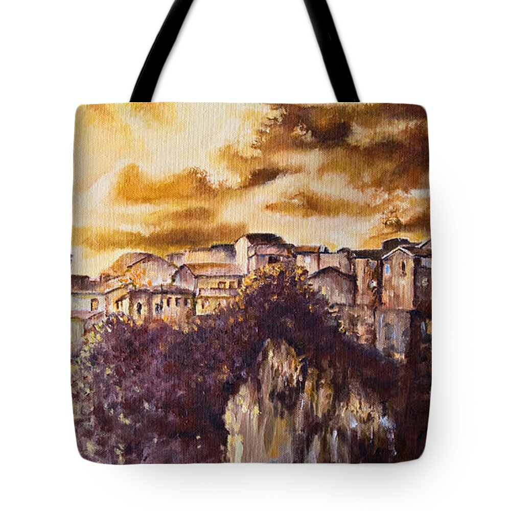 Skies Tote Bag featuring the painting Golden lights by Michelangelo Rossi