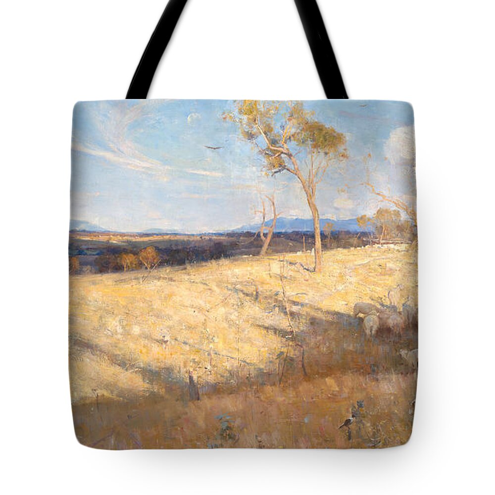 Arthur Streeton Tote Bag featuring the painting Golden summer Eaglemont by Celestial Images