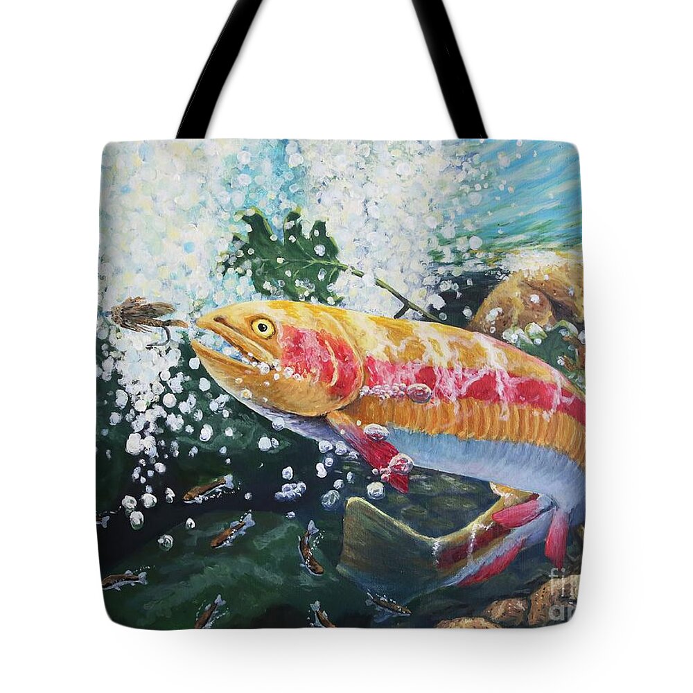 West Virginia. Goldie Trout. Modular Wet Fly. Freshwater. Fishing. Streamers. Mountain Streams. Fishing Paradise. Tote Bag featuring the painting  Not Your Average Goldfish by Carey MacDonald