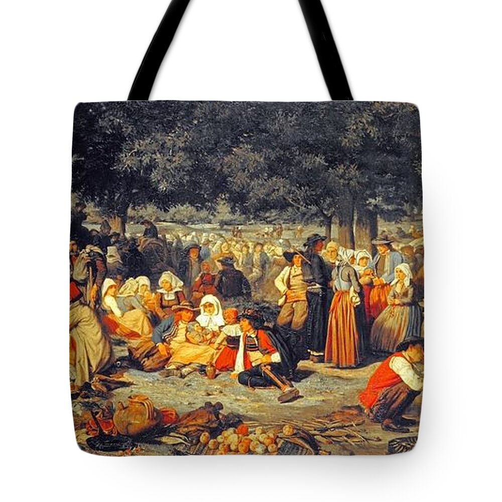 Pierre-charles Poussin - Pardon Day In Brittany 1851 Tote Bag featuring the painting Pardon Day in Brittany by MotionAge Designs
