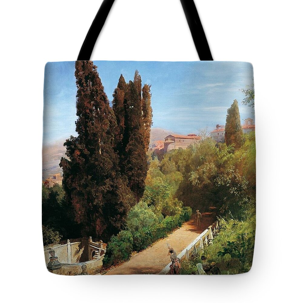 Oswald Achenbach Tote Bag featuring the painting Park Der Villa Dieste by MotionAge Designs
