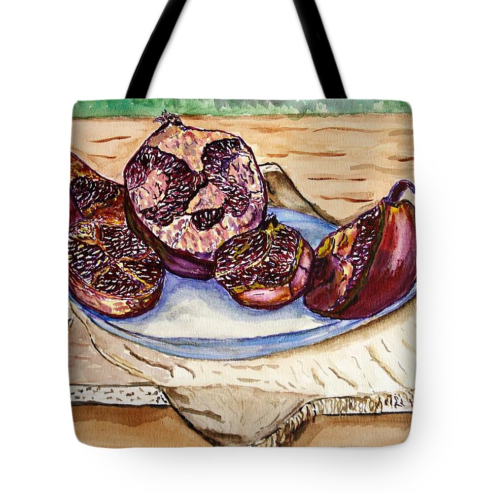 Watercolor Jerusalem Painting Pomegranate Canvas Giclee Tote Bag featuring the painting Ripe  Pomegranate. by Shlomo Zangilevitch