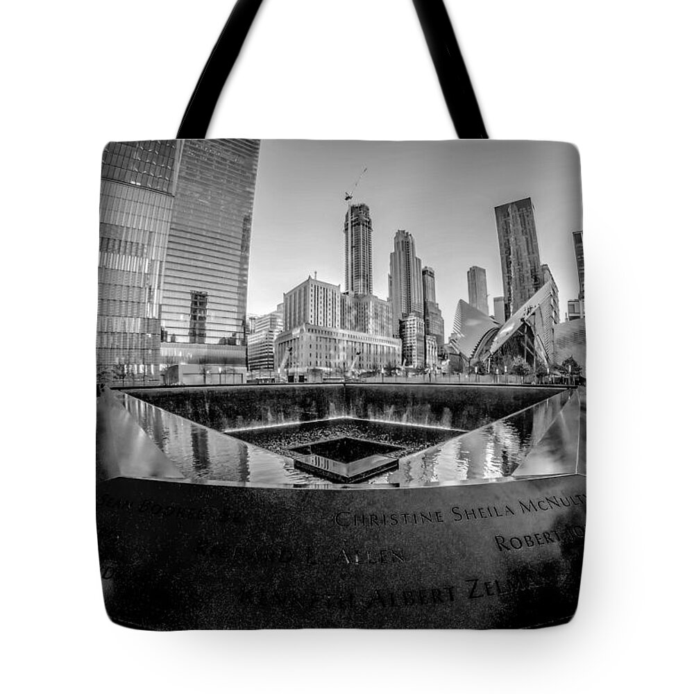 B&w Tote Bag featuring the photograph  scenery near World Trade Center in New York by Alex Grichenko