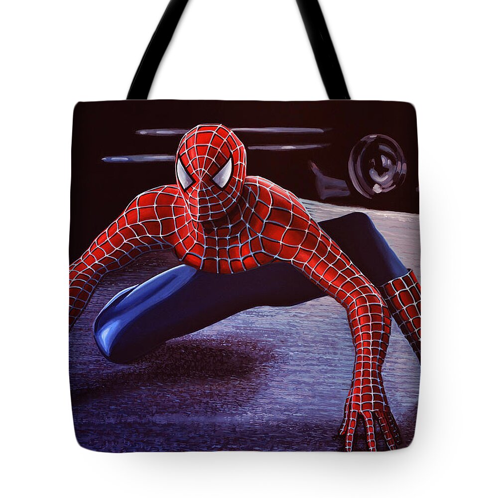 Spiderman Tote Bag featuring the painting Spiderman 2 by Paul Meijering