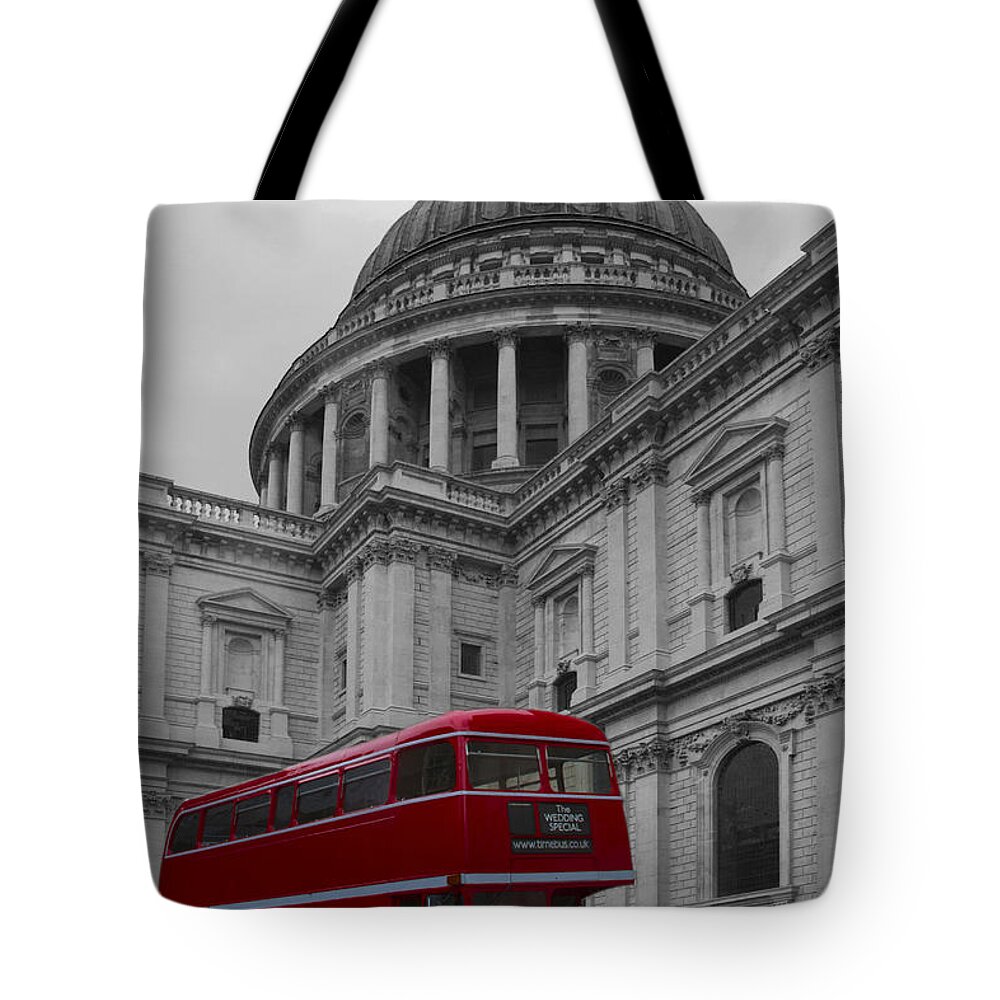 St Pauls And Londonskyline Tote Bag featuring the photograph St Pauls Cathedral Red Bus by David French