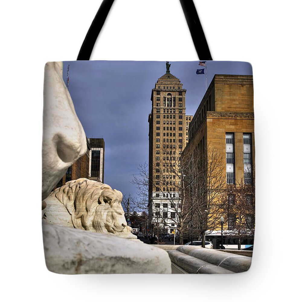 Buffalo Tote Bag featuring the photograph 01 Lions In The Square Court St by Michael Frank Jr
